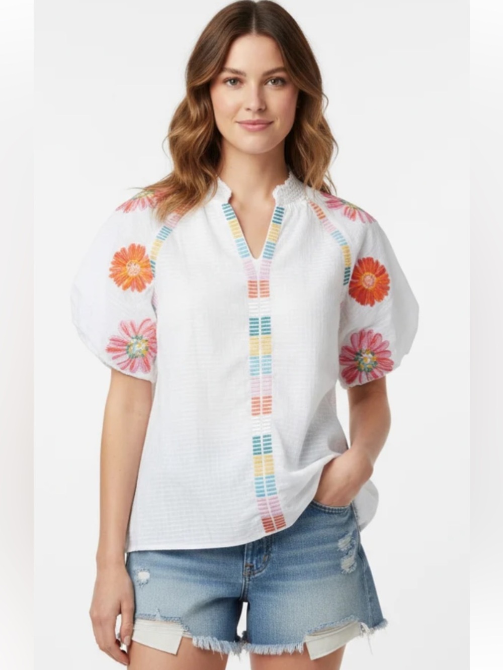 THML “Spring Spectacle” White Floral Embroidered Puff Sleeve Top